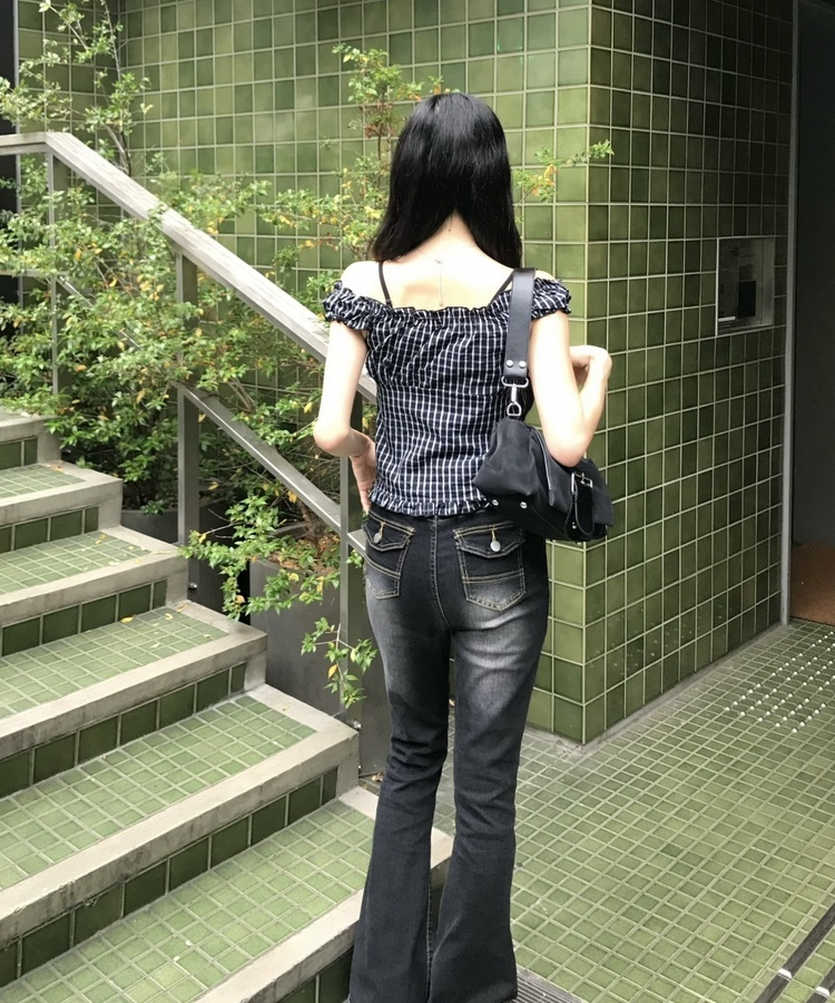 체크 오프숄더 블라우스 블랙