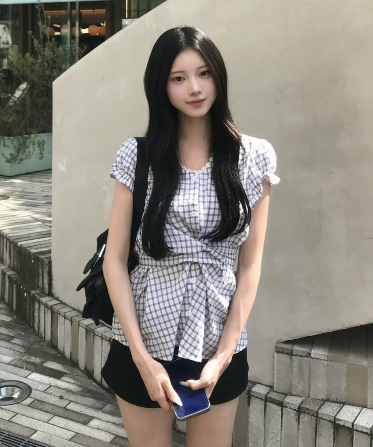 체크 레이스 리본 블라우스 그레이