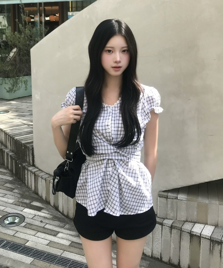 체크 레이스 리본 블라우스 그레이