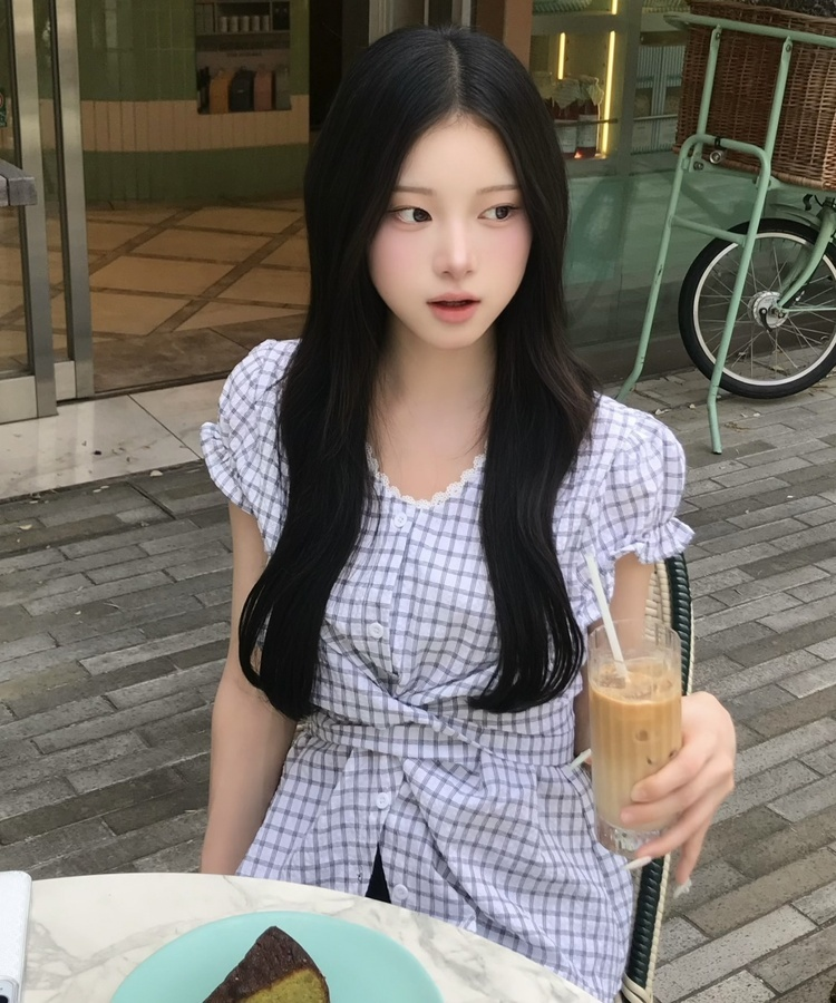 체크 레이스 리본 블라우스 그레이