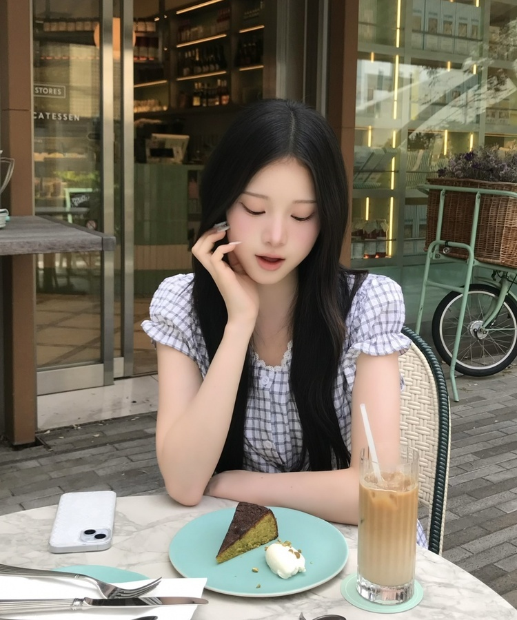 체크 레이스 리본 블라우스 그레이