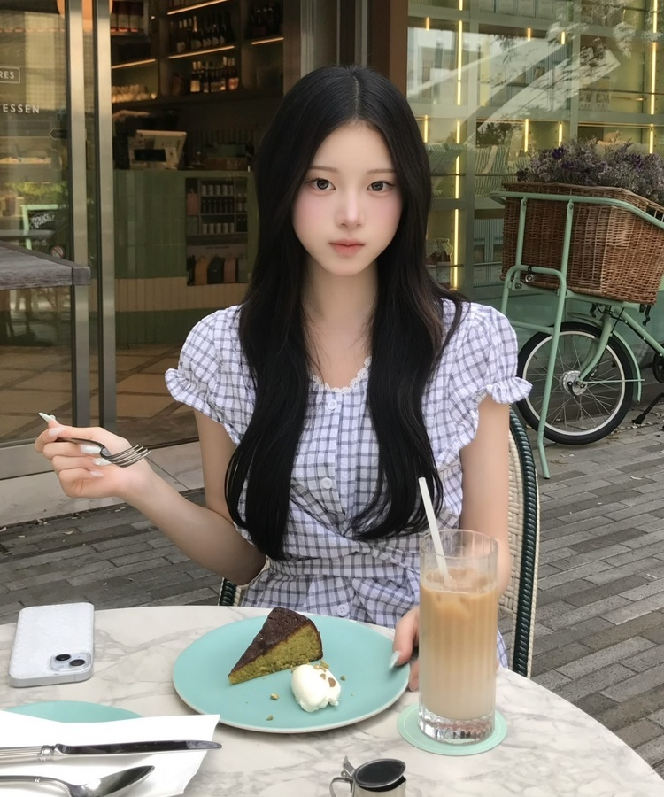 체크 레이스 리본 블라우스 그레이