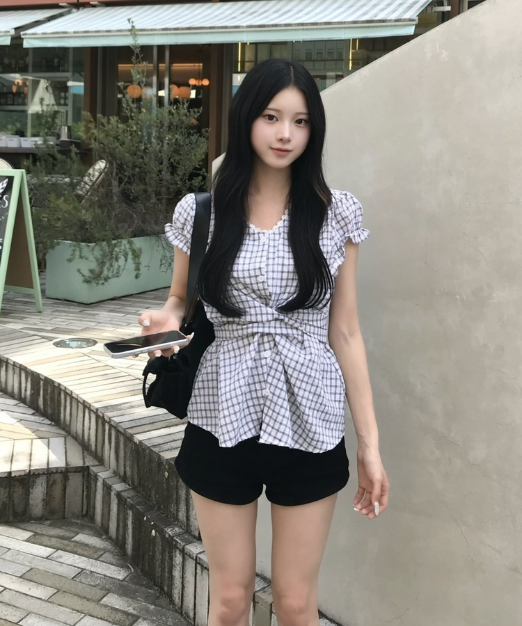 체크 레이스 리본 블라우스 그레이