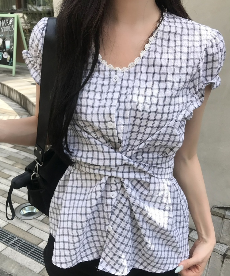 체크 레이스 리본 블라우스 그레이