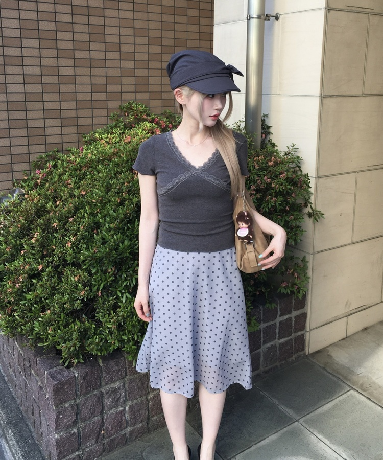 ドット柄シフォンミディスカート GREY