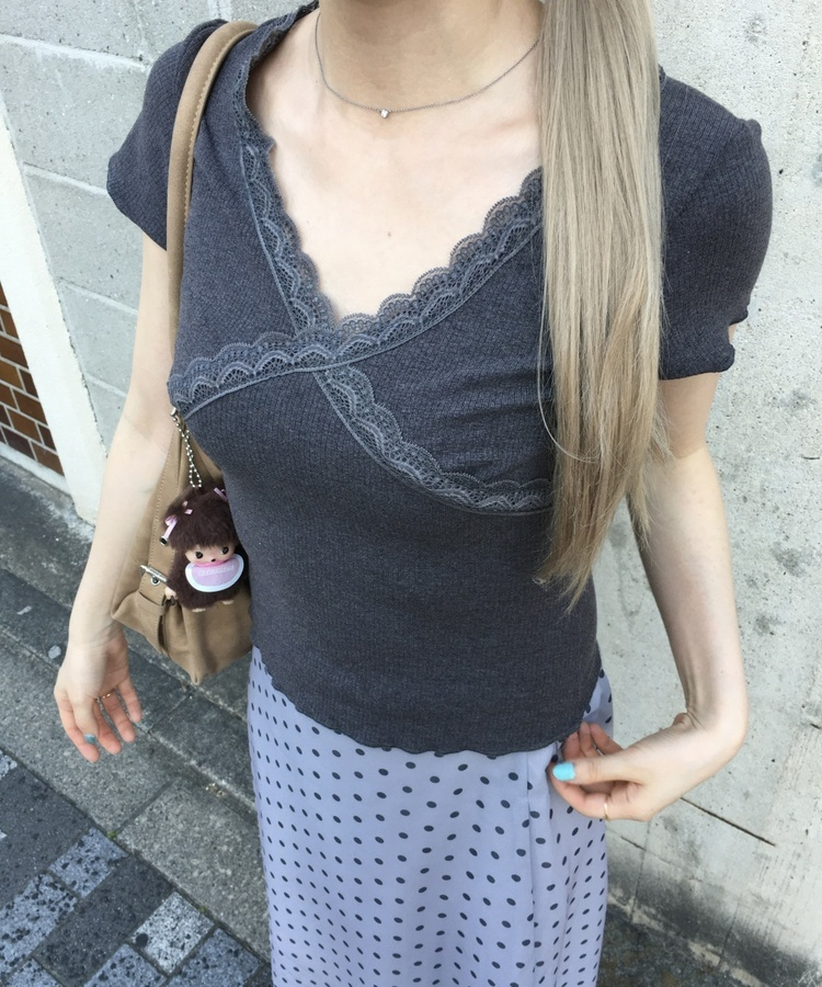 レースVネックリブ半袖トップス CHARCOAL