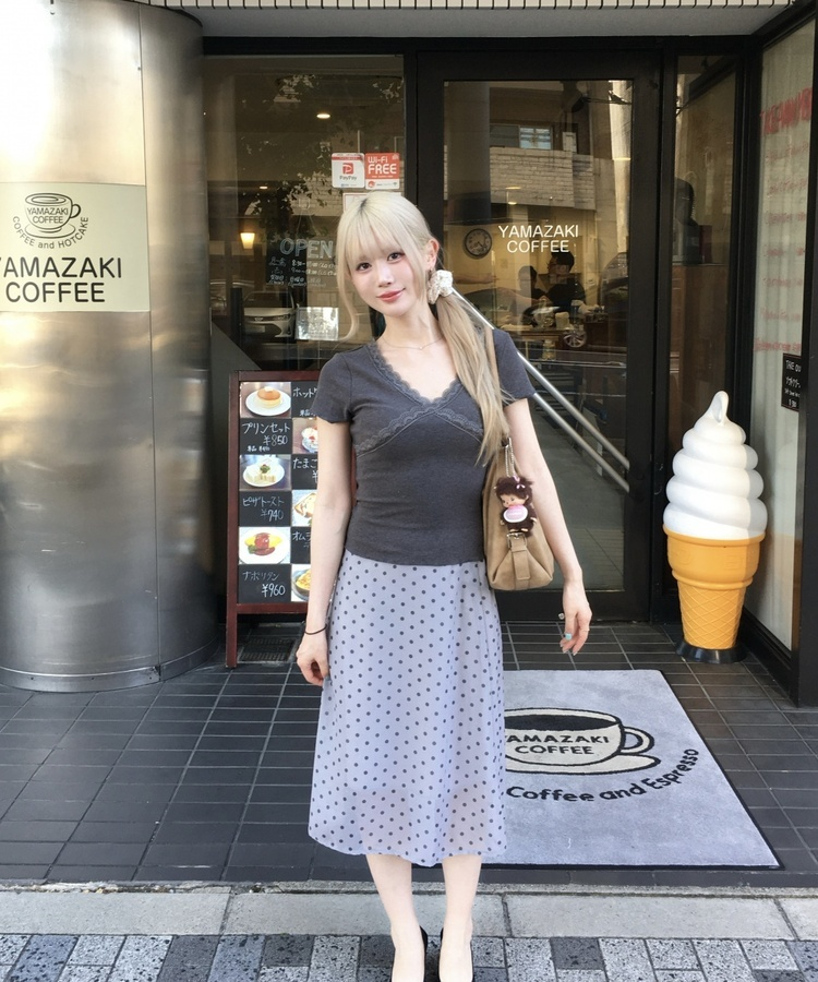 レースVネックリブ半袖トップス CHARCOAL