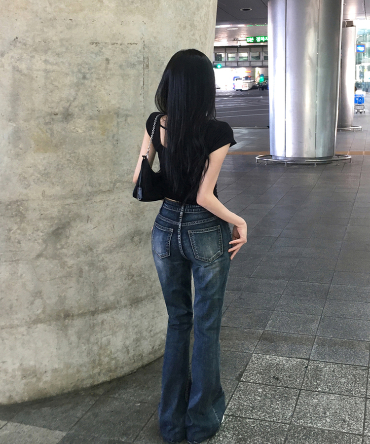 여름ver 테츠 워싱 데님 부츠컷 롱 팬츠 하이웨스트 세미 로우 골반보정 골반뽕 쫀쫀 스판 빈티지워싱 힙한무드 유니크 데일리여름팬츠썸머데님 그레이시진청