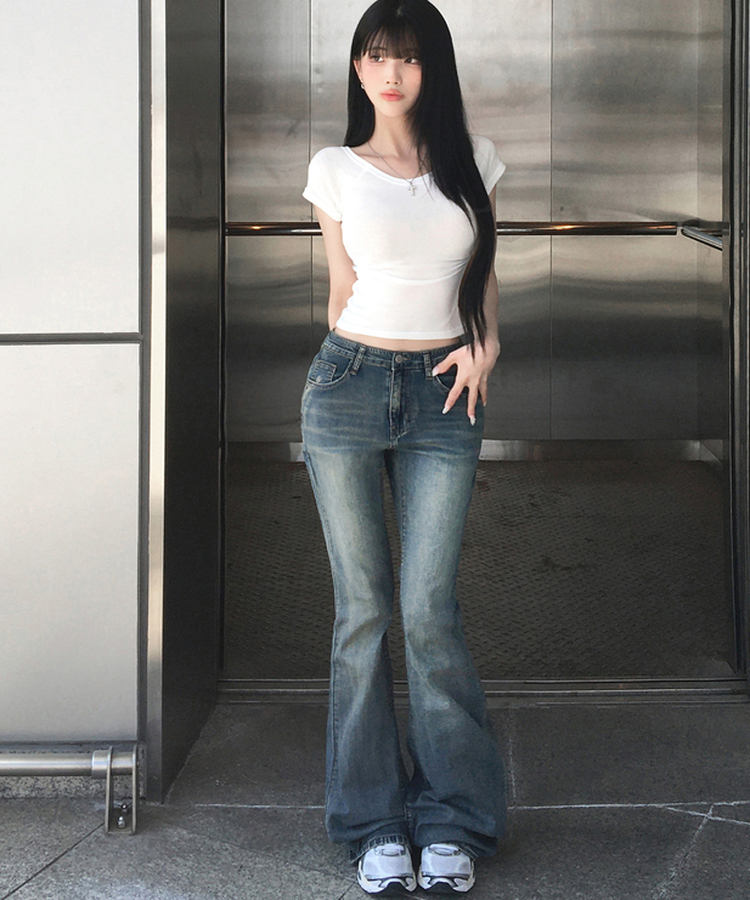 여름ver 테츠 워싱 데님 부츠컷 롱 팬츠 하이웨스트 세미 로우 골반보정 골반뽕 쫀쫀 스판 빈티지워싱 힙한무드 유니크 데일리여름팬츠썸머데님 빈티지진청