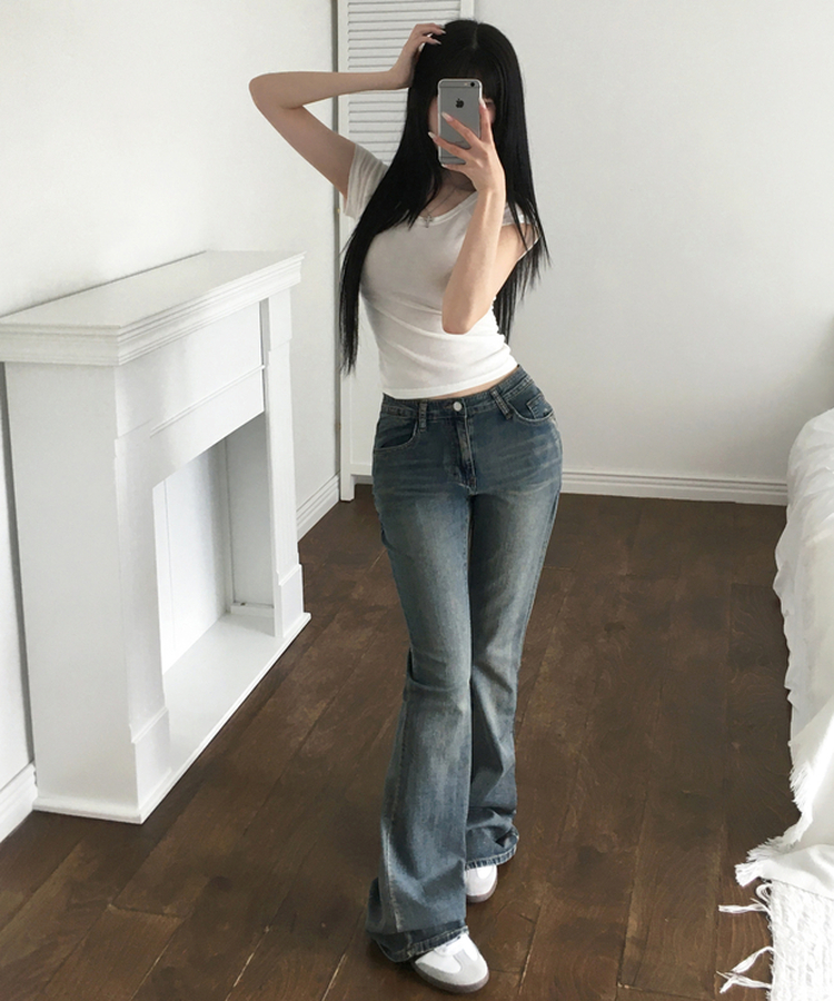 여름ver 테츠 워싱 데님 부츠컷 롱 팬츠 하이웨스트 세미 로우 골반보정 골반뽕 쫀쫀 스판 빈티지워싱 힙한무드 유니크 데일리여름팬츠썸머데님 빈티지진청