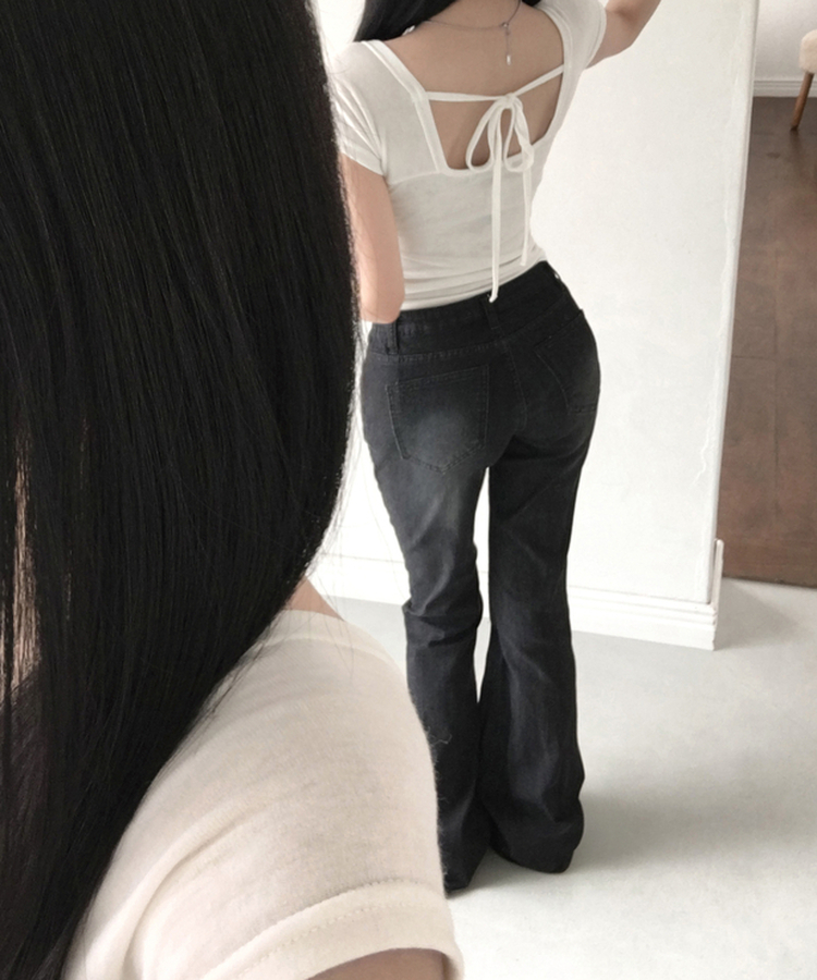 여름ver 테츠 워싱 데님 부츠컷 롱 팬츠 하이웨스트 세미 로우 골반보정 골반뽕 쫀쫀 스판 빈티지워싱 힙한무드 유니크 데일리여름팬츠썸머데님 블랙