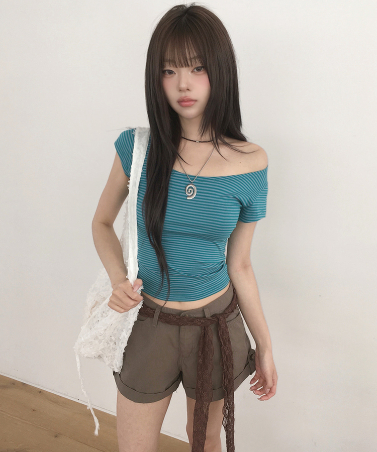 ストライプUネックキャップスリーブTシャツ AQUA BLUE