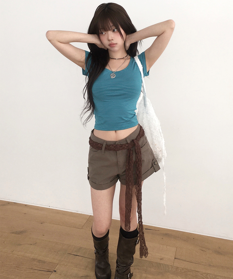 ストライプUネックキャップスリーブTシャツ AQUA BLUE
