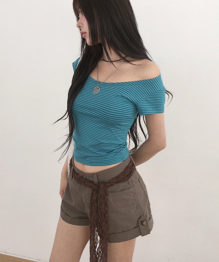 ストライプUネックキャップスリーブTシャツ AQUA BLUE