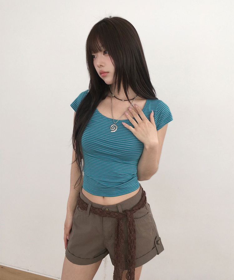 ストライプUネックキャップスリーブTシャツ AQUA BLUE