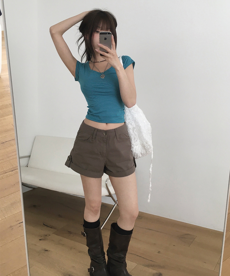 ストライプUネックキャップスリーブTシャツ AQUA BLUE