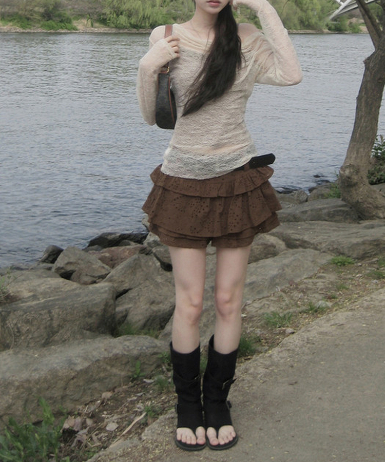 【ベルト付き】レースパンチングティアードスカートパンツ BROWN