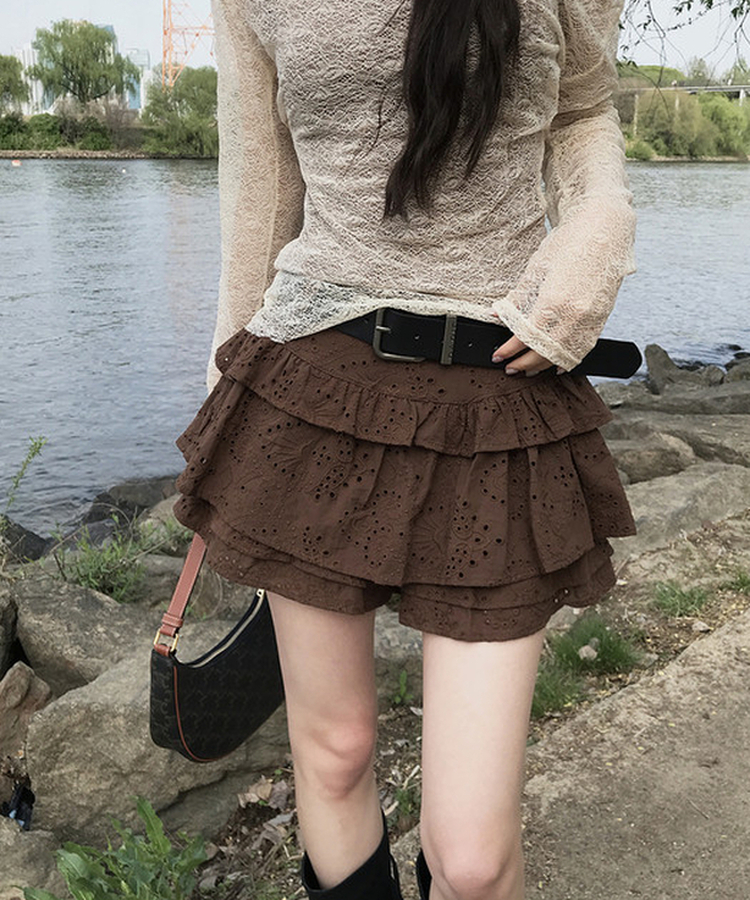 【ベルト付き】レースパンチングティアードスカートパンツ BROWN