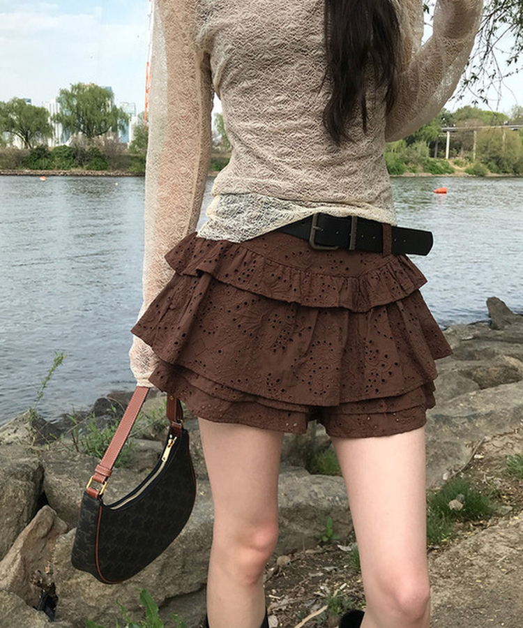 【ベルト付き】レースパンチングティアードスカートパンツ BROWN