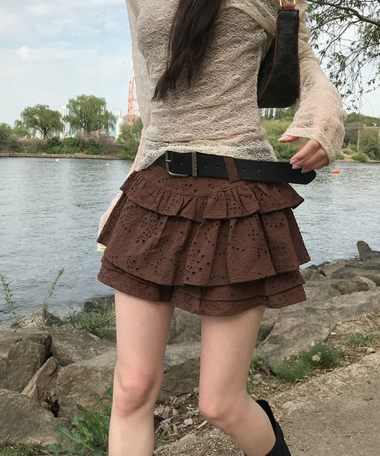 【ベルト付き】レースパンチングティアードスカートパンツ BROWN