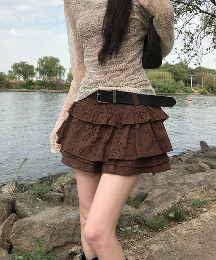【ベルト付き】レースパンチングティアードスカートパンツ BROWN