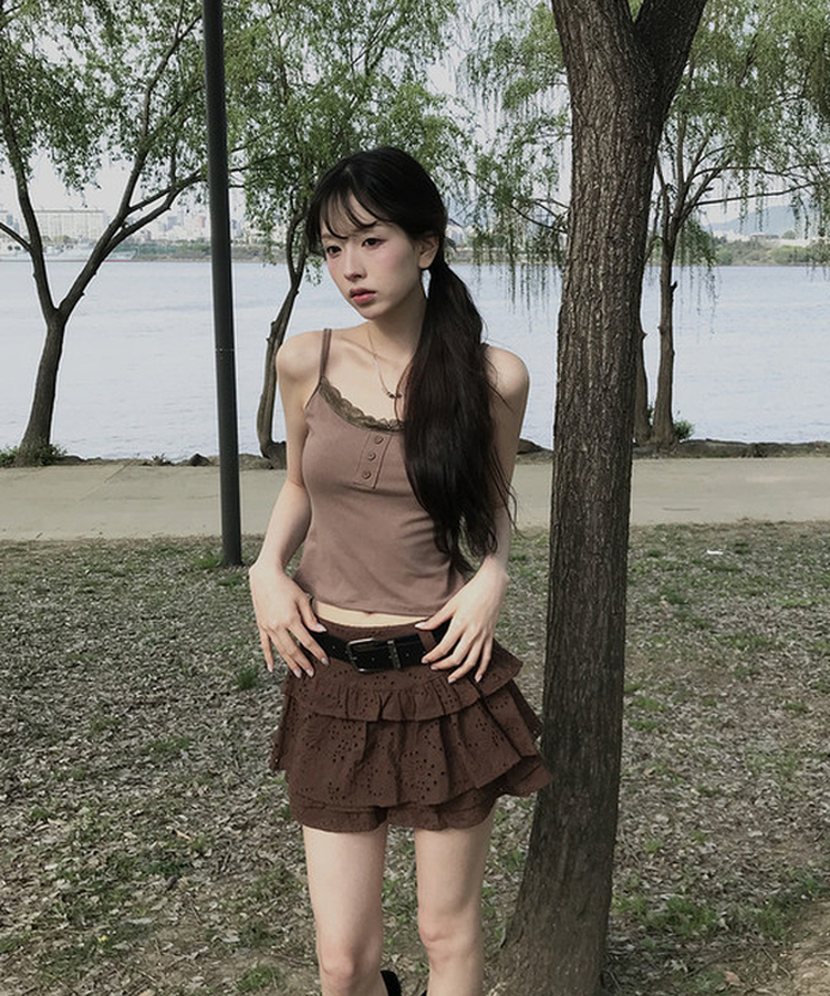 【ベルト付き】レースパンチングティアードスカートパンツ BROWN