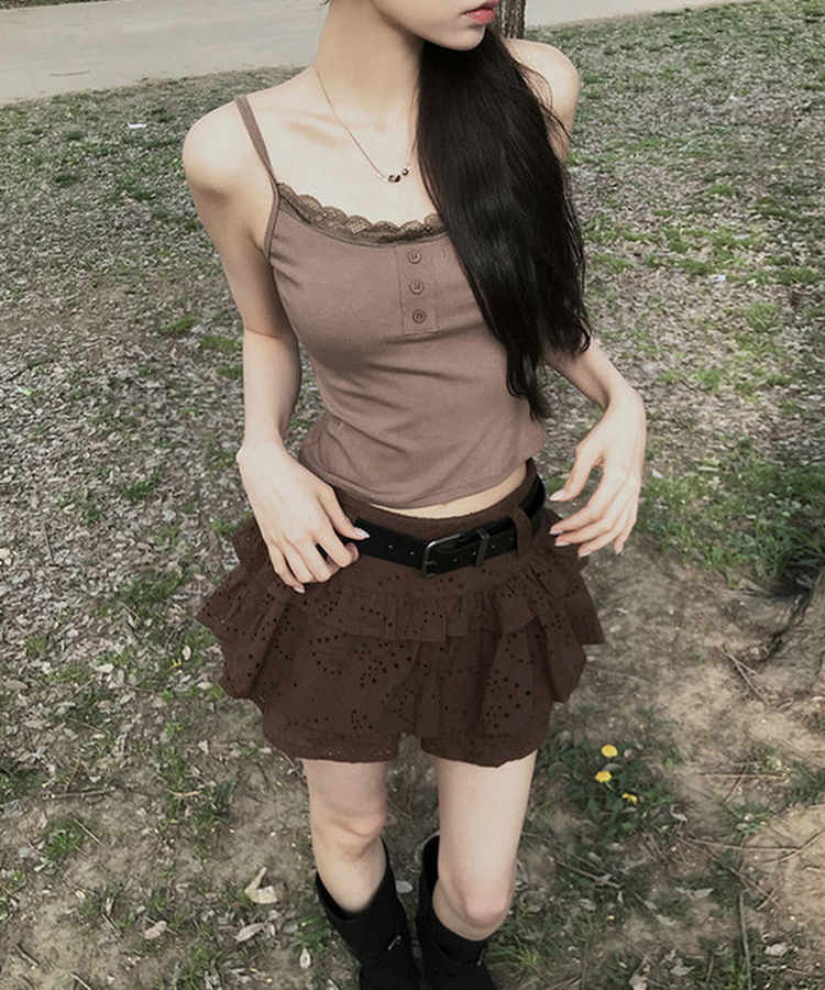 【ベルト付き】レースパンチングティアードスカートパンツ BROWN