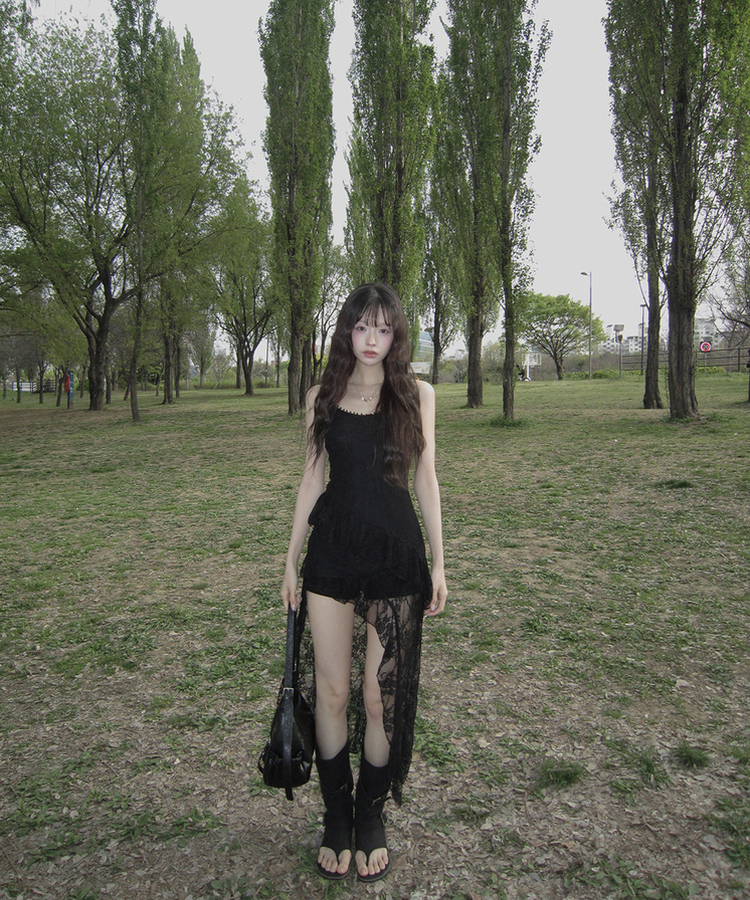 レースアシメスリムワンピース BLACK