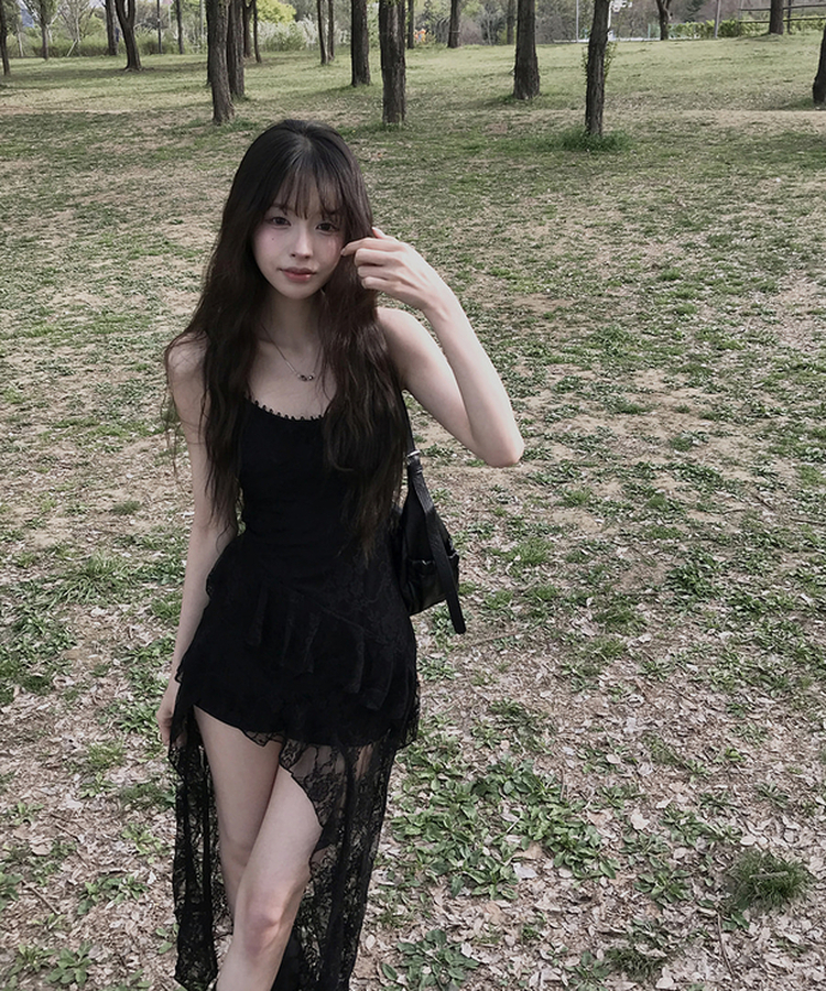 レースアシメスリムワンピース BLACK
