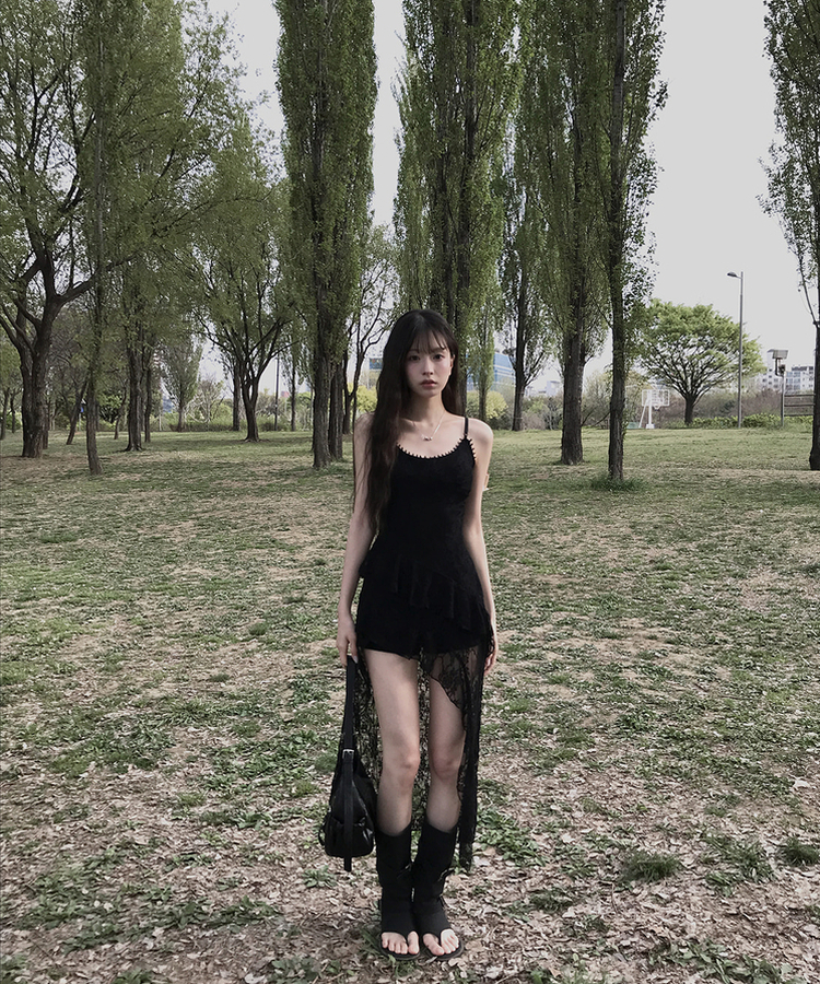 レースアシメスリムワンピース BLACK