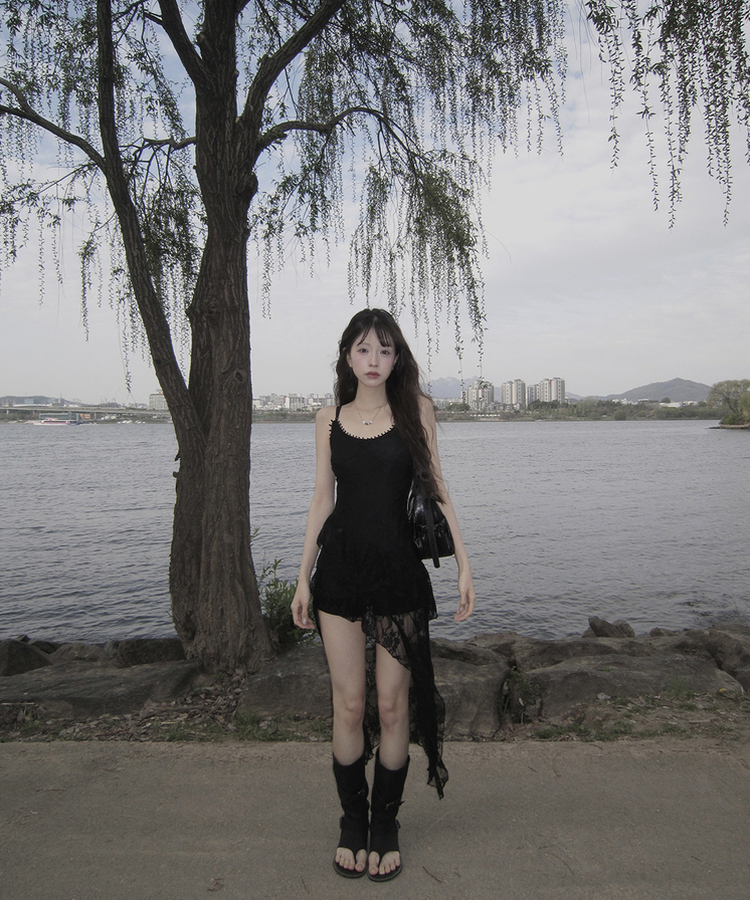 レースアシメスリムワンピース BLACK