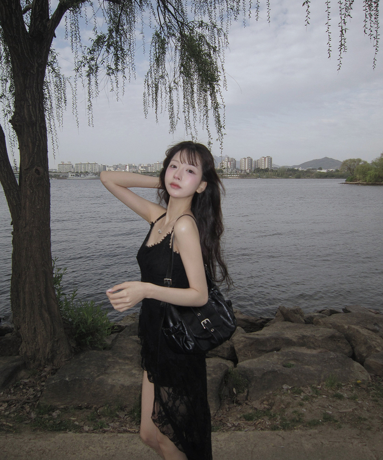 レースアシメスリムワンピース BLACK