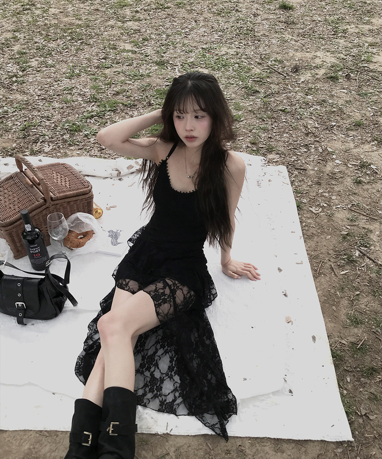 レースアシメスリムワンピース BLACK