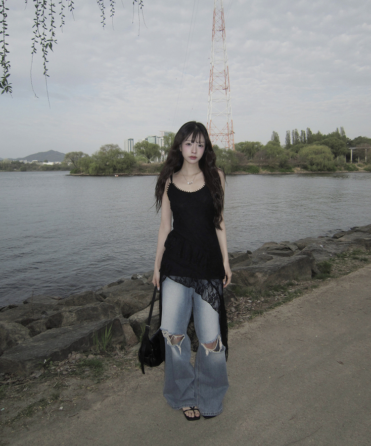 レースアシメスリムワンピース BLACK