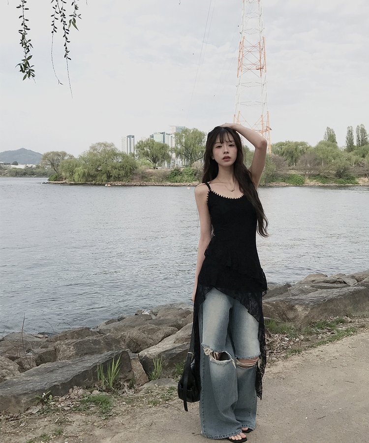 レースアシメスリムワンピース BLACK