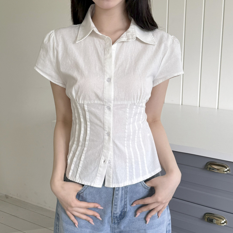 【丈別】ピンタックバックリボン半袖ブラウス(5color) IVORY