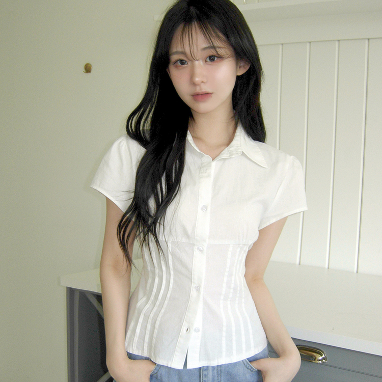 【丈別】ピンタックバックリボン半袖ブラウス(5color) IVORY