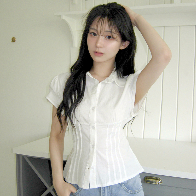 【丈別】ピンタックバックリボン半袖ブラウス(5color) IVORY