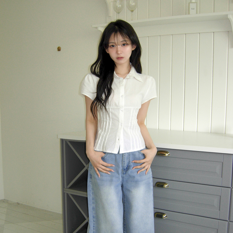 【丈別】ピンタックバックリボン半袖ブラウス(5color) IVORY