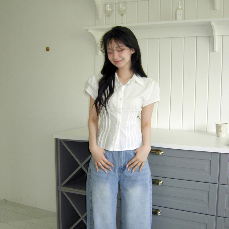 【丈別】ピンタックバックリボン半袖ブラウス(5color) IVORY