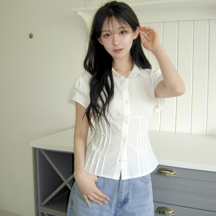【丈別】ピンタックバックリボン半袖ブラウス(5color) IVORY