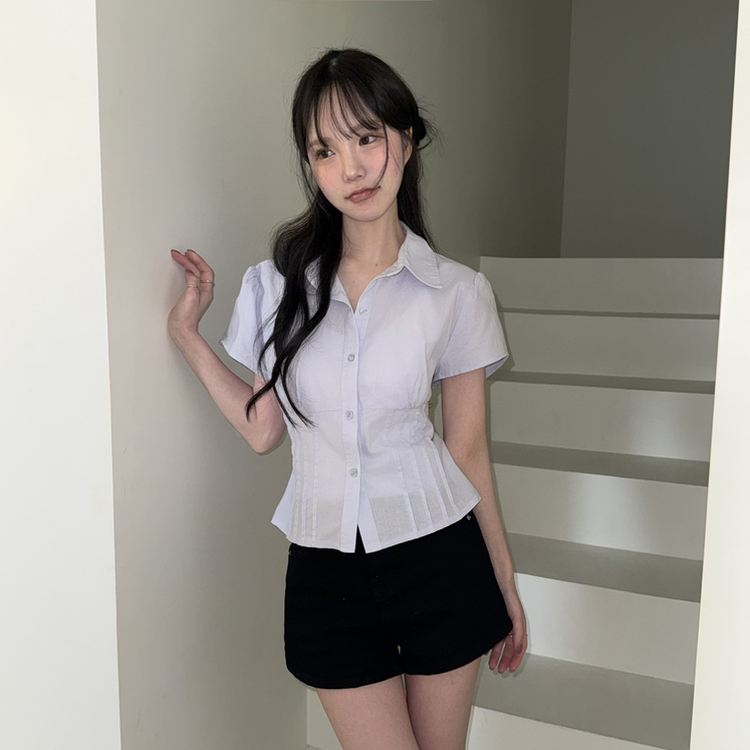 【丈別】ピンタックバックリボン半袖ブラウス(5color) SKY BLUE