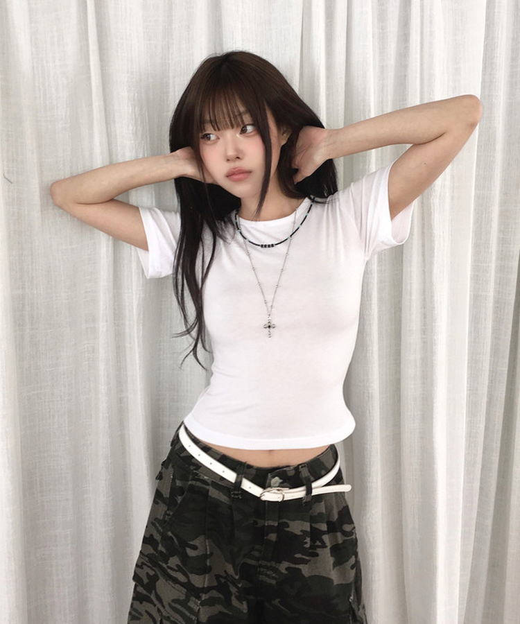ラウンドスリムクロップ半袖Tシャツ(7color) WHITE