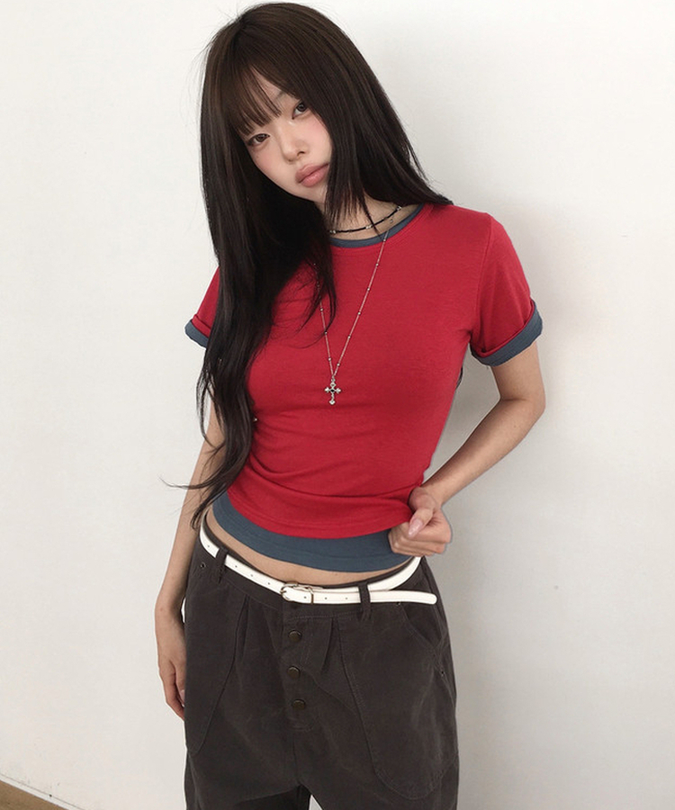 ラウンドスリムクロップ半袖Tシャツ(7color) RED