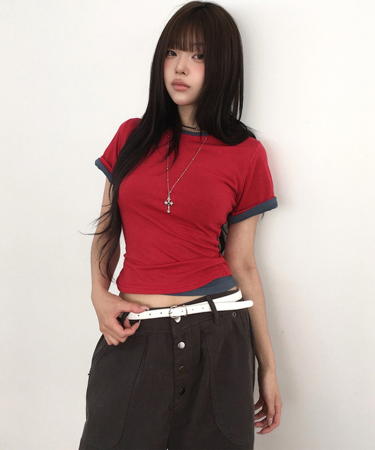 ラウンドスリムクロップ半袖Tシャツ(7color) RED