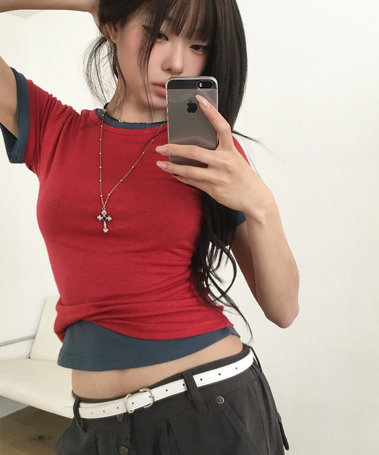 ラウンドスリムクロップ半袖Tシャツ(7color) RED
