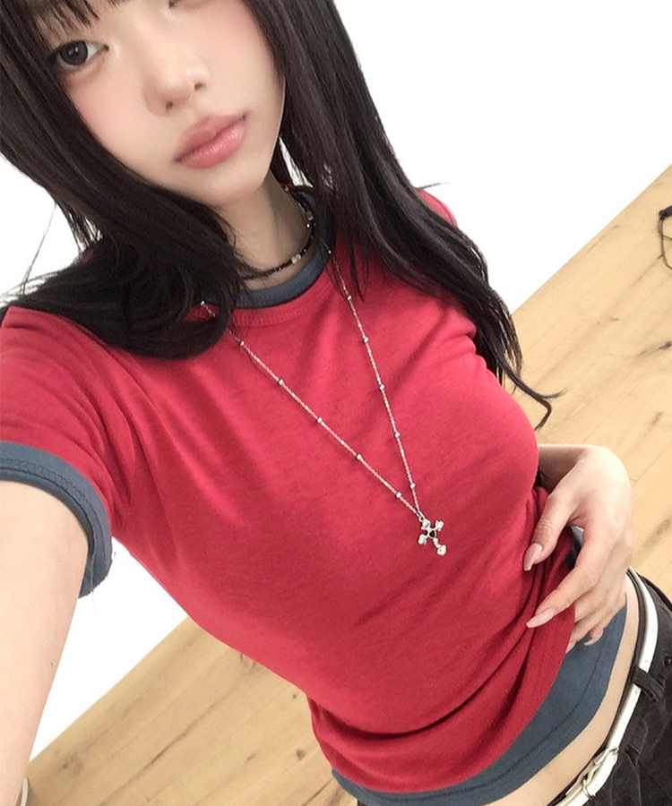 ラウンドスリムクロップ半袖Tシャツ(7color) RED