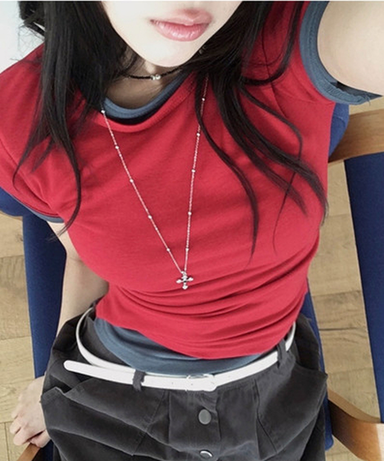 ラウンドスリムクロップ半袖Tシャツ(7color) RED