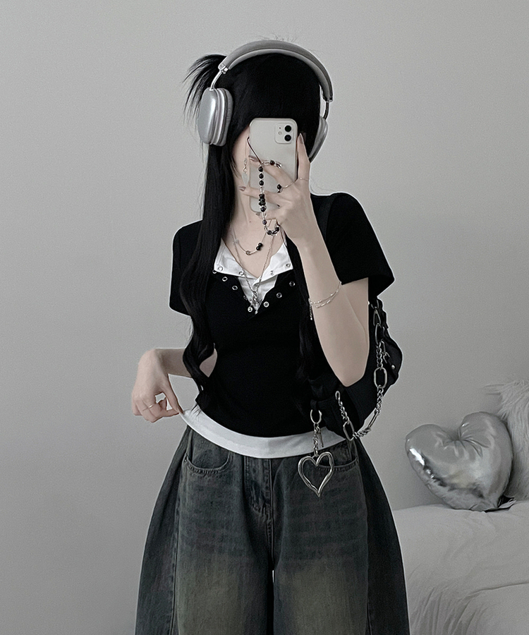디크더블버튼또또배색레이어드긴팔티셔츠 블랙