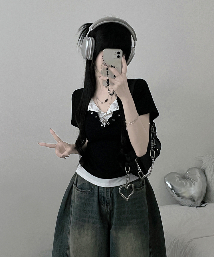 디크더블버튼또또배색레이어드긴팔티셔츠 블랙